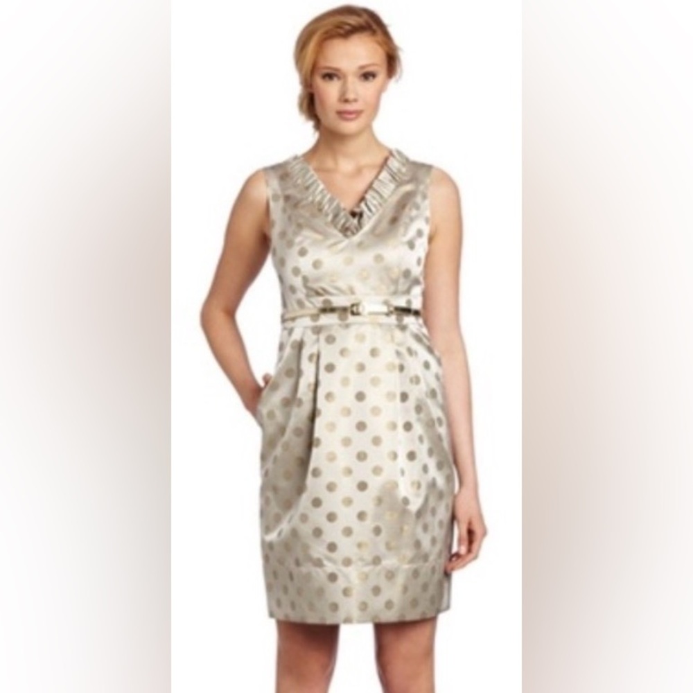 Eliza J Dress Jacquard Dress Gold Metallic Polka Dots Belt Sleeveless Dress